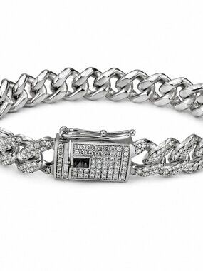 Sparkling Silver-Tone Cuban Link Bracelet with Pavé Crystals – New - NWT